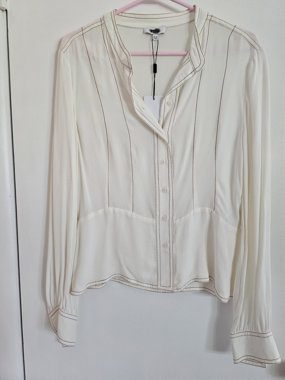 Reiss Cream Button-Down Blouse with Brown Piping